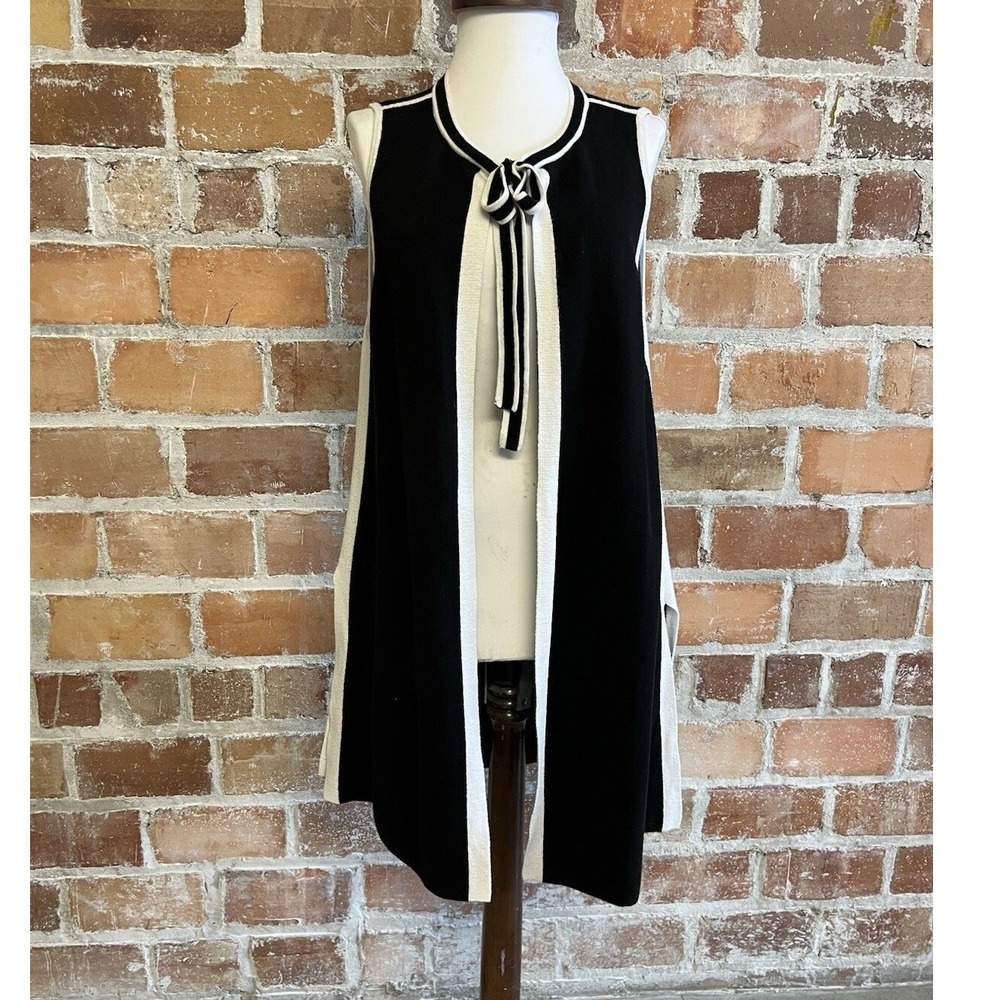 Talbots Knit Sweater Duster Vest Sleeveless Black White Size Medium